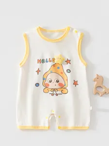 Detail of baby summer bodysuit with yellow trim and cartoon character with HELLO text