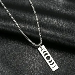 Minimalist Stainless Steel Moon Phase Cutout Rectangle Pendant Necklace Celestial Lunar Cycle Jewelry For Men Women Daily Wear