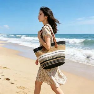 Close-up of woven straw tote bag with geometric patterns on a sunny beach background