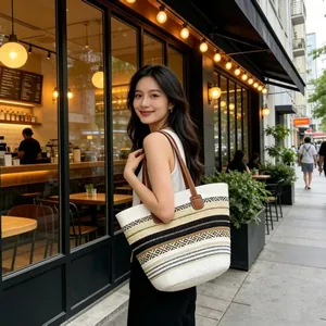 Chic large woven tote bag with striped patterns for outdoor travel and daily use