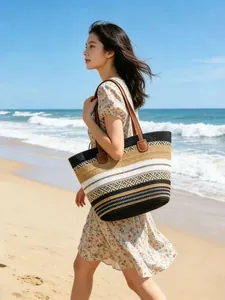 Large capacity woven straw tote bag with striped pattern and leather handles for beach travel