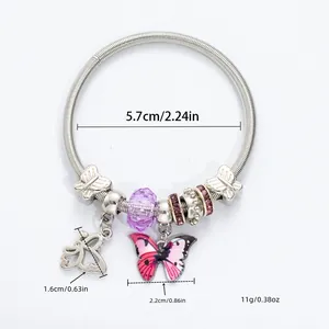 Silver spring charm bracelet with pink butterfly pendants and purple crystal beads