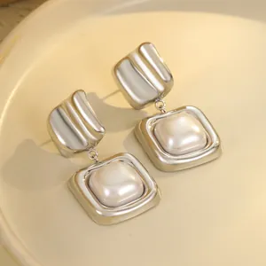 French vintage geometric square pearl earrings with silver ribbed texture and luxury finish