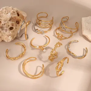 Women Stainless Steel Open Cuff Bracelet Minimalist Geometric Knot Heart Twist Multi Layer Two Tone Gold Fashion Jewelry