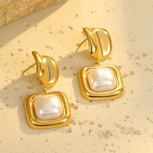 French vintage geometric square pearl earrings with gold-plated organic curved design