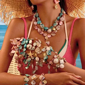 Bohemian Stainless Steel Ocean Shell Starfish Jewelry For Women Pink Blue White Shell Pearl Necklace Earrings Bracelet Beach Accessories