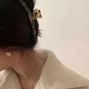 Close-up of a large leopard print acetate hair claw clip on a woman's bun hairstyle