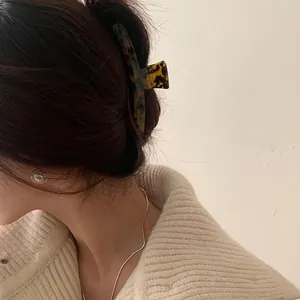 Detail of a large leopard print acetate hair claw clip worn by a model in soft lighting