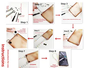 DIY phone lanyard installation guide showing tools and steps for pearl chain strap
