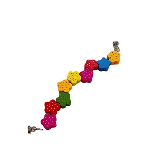 Colorful floral beaded phone strap with hand-painted wooden flowers and metal clasps