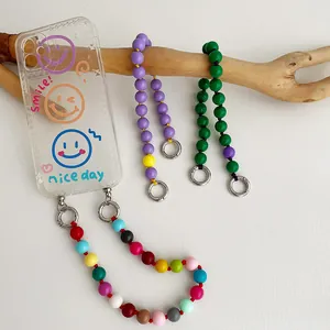 Korean Fashion Candy Color Beaded Phone Chain Handmade Resin Round Bead Wrist Lanyard Smiley Design Phone Charm For Women