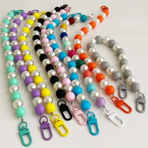 Korean Style Colorful Beaded Phone Strap With Imitation Pearl Alloy Lobster Clasp Fashion Wrist Strap Bag Charm For Women