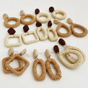 Orecchini a Goccia Vintage in Rattan Intrecciato a Mano in Legno Con Perno in Argento Sterling 925 Orecchini Geometrici Bohémien per Gioielli Donna