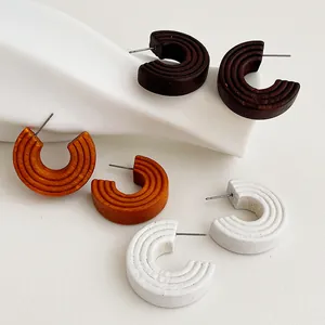 Vintage Wooden C-Shape Hoop Earrings With 925 Sterling Silver Earring Post Retro Geometric Ripple Stud Earrings For Women
