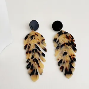 Retro leaf tortoiseshell acrylic long earrings with black studs and chain tassels