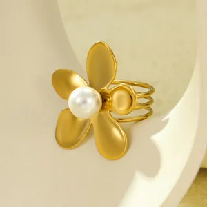 Elegant gold-plated floral ring with a central pearl and triple-layered minimalist band