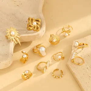 Anillo Abierto de Acero Inoxidable Chapado en Oro Vintage Francés Para Mujer Elegante Anillo de Perla Concha Flor Lazo Ajustable