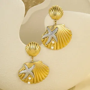 Boucles d'oreilles coquillage et étoile de mer plaquées or 18K avec perles