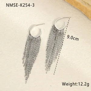 Detail of 9.0cm long silver tassel drop earrings made of durable stainless steel