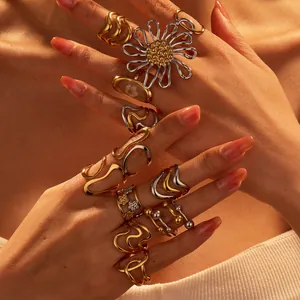 Edelstahl Offen Verstellbar Ring Für Damen Minimalistisch Geometrisch Wellig Hohl Blumen Kontrast Design Mode Schmuck Geschenk