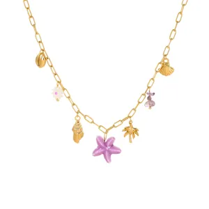 Collana in acciaio inossidabile placcata oro 18K con ciondoli a stella marina e conchiglia