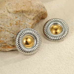 Two-tone geometric round stainless steel earrings with gold center and silver spiral texture