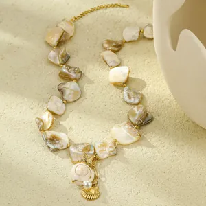 Ocean style stainless steel necklace with shell fragments, starfish, and pearl charms
