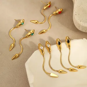 Golden stainless steel long snake chain earrings with colorful gemstone zircons