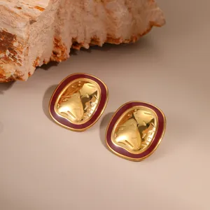 French vintage rectangular gold earrings with burgundy enamel and embossed texture