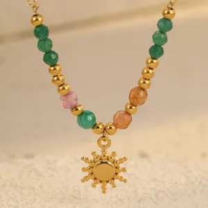 Vintage titanium sun pendant beaded necklace with colorful stones and gold accents
