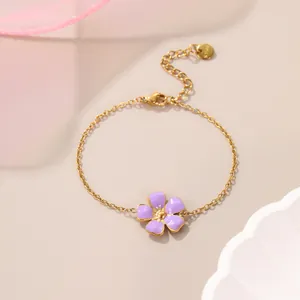 Goldenes Gliederkette-Armband mit lavendelfarbener Blume und S925 Sterling Silber Tag