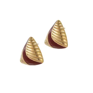 French vintage style triangular gold earrings with dark red enamel and textured design
