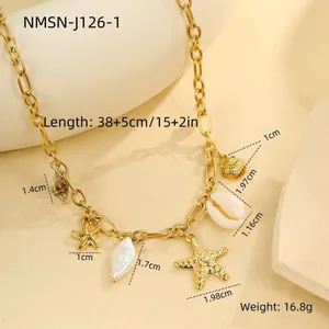 Detail view of gold shell and starfish charms on a chunky stainless steel necklace