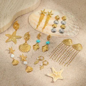 Stainless Steel Ocean Style Starfish Shell Conch Dangle Earrings For Women Summer Beach Vacation Gold Silver Plated Jewelry