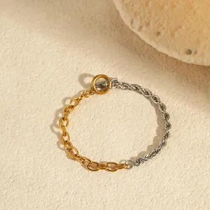 Pulsera bicolor de acero inoxidable con eslabones dorados, cadena de cuerda plateada y cierre OT