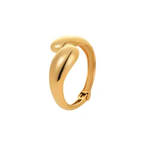 Polished gold stainless steel teardrop bangle bracelet with a minimalist hinge design