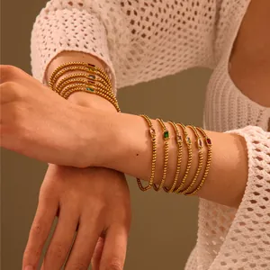 Bracelet à Perles en Acier Inoxydable Plaqué Or 18K Zirconia Coloré Rectangulaire Pierre de Naissance pour Femme Bijoux de Luxe