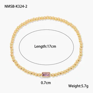 Bracelet à billes en acier plaqué or 18K avec zircon rectangulaire violet brillant