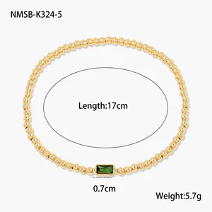 Détails du bracelet à perles dorées 18K avec zircon vert et spécifications de 17cm