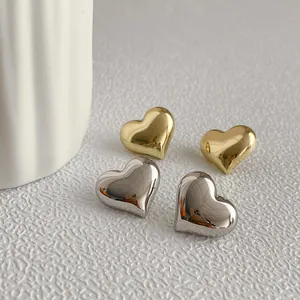 Vintage Heart Stud Earrings With 925 Sterling Silver Earring Post Puffy Metal High Polish Minimalist Jewelry For Women