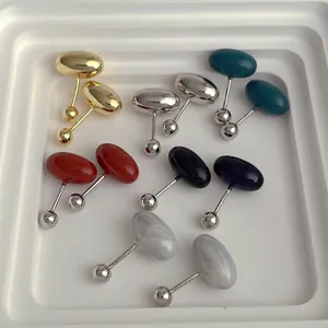 Macro view of 6-pair mini bean stud earrings set showing S925 silver needles and ball backs