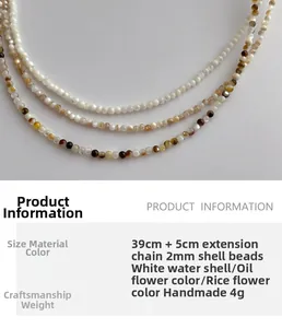 Detail of 2mm shell bead necklace with dimensions and material specifications shown