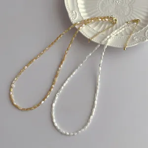 Minimalist Natural Shell Rice Bead Necklace For Women Beach Vacation Style Golden Alloy Lobster Clasp Handmade Jewelry Neckwear