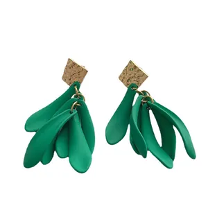 Retro green resin leaf drop earrings with gold hammered square studs for women