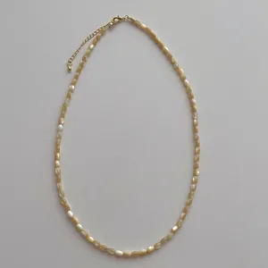 Detailed view of the golden lobster clasp and shell bead necklace on a grey surface