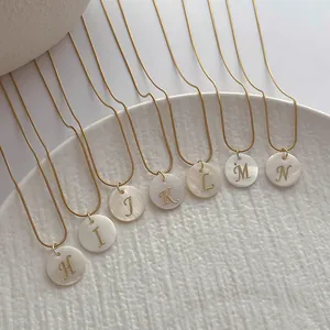 French retro gold snake chain necklace with natural shell alphabet letter pendants