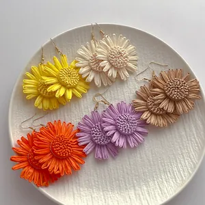 Handgemachte Geflochtene Bast Sonnenblumen Ohrringe Für Damen Strand Urlaub Boho Stroh Blume Ohrhänger Sommer Schmuck Geschenk