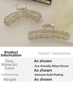 Detailed view of gold plated alloy hair claws with sparkling zircon stone inlay