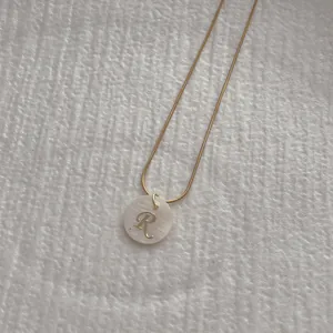 Macro shot of minimalist gold snake chain and round shell pendant with letter R