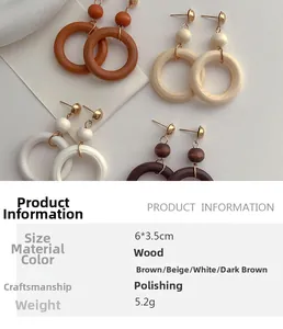 Detail showing vintage wooden hoop earrings in four colors with precise size measurements